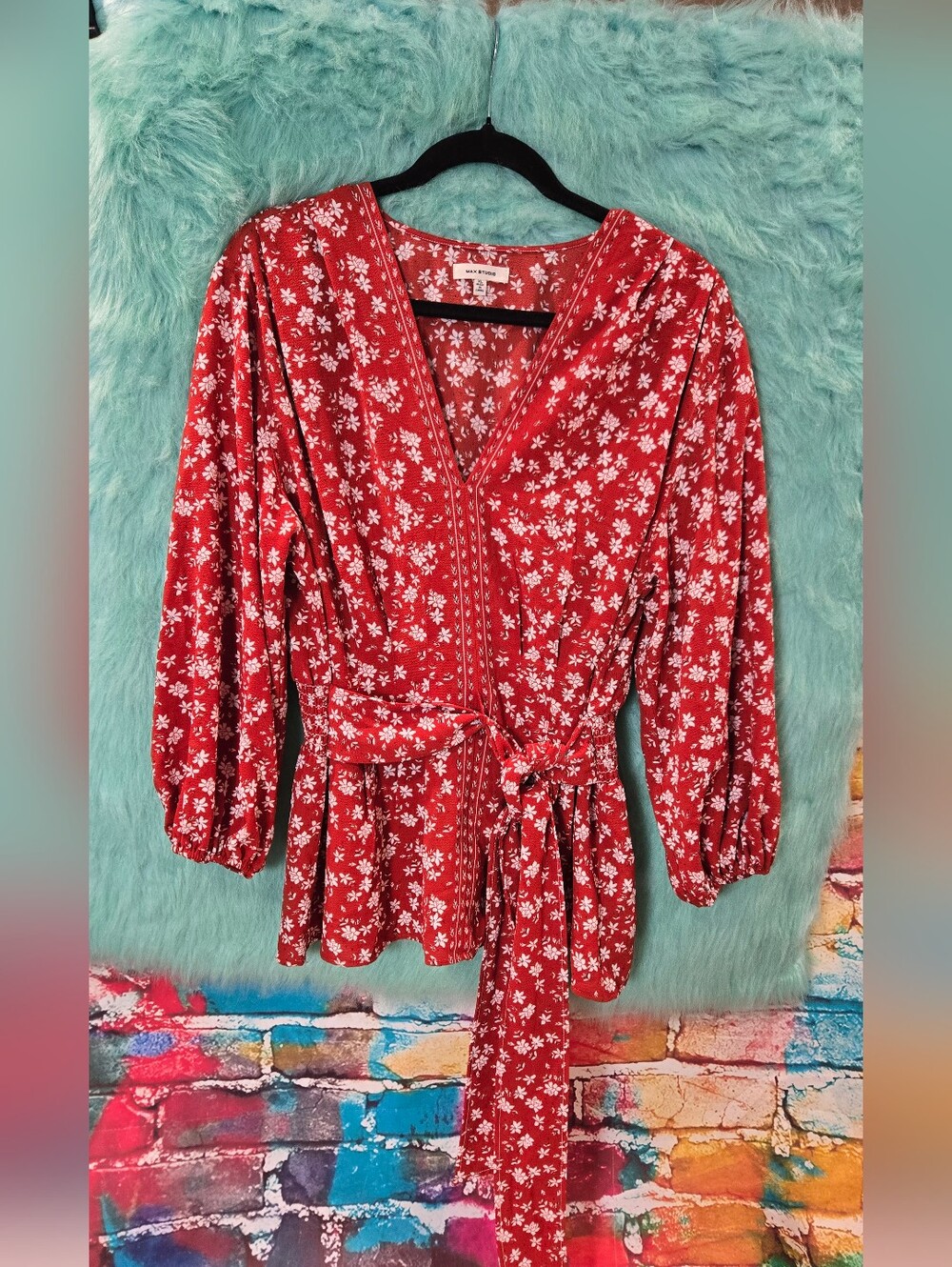 Max Studio Burnt Orange Redish Brown And White Floral Belted Waist Top Size Xl - Picture 3 of 7